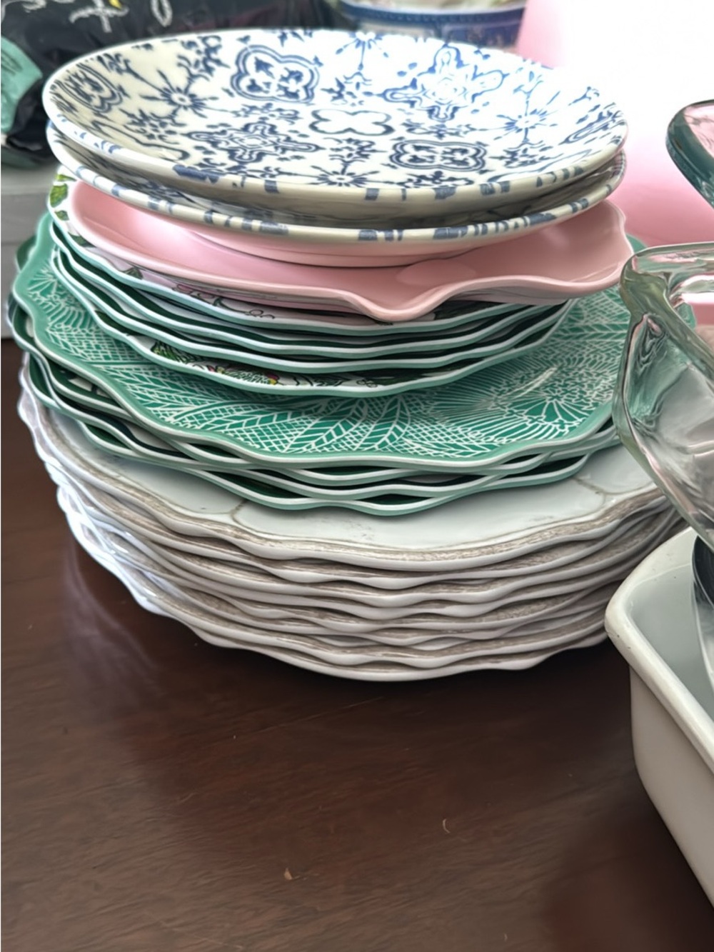 Mixed melamine opal house Plates in Green, Pink, Blue, and White & 2 ceramic